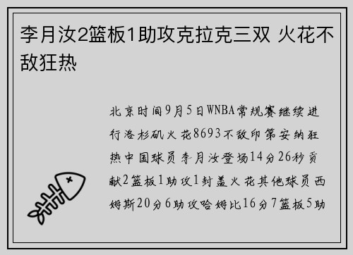 李月汝2篮板1助攻克拉克三双 火花不敌狂热